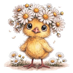 May include: A delightful illustration of a yellow chick adorned with a daisy flower crown. The chick features large eyes and red feet. Daisies are also scattered around the chick, creating a whimsical and cheerful scene.