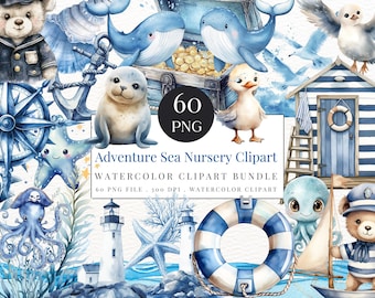 Watercolor Sea Nursery Clipart: Sailor Teddy Bear, Ocean Animals (Instant Download)