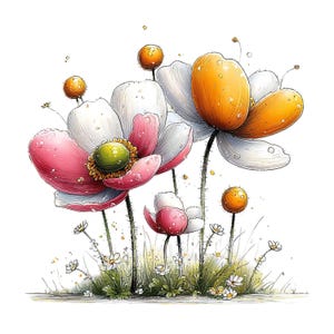 May include: A watercolour illustration of stylized flowers in pink, white, and orange. The flowers have green centres and are set against a backdrop of grass and small white flowers. The image has a whimsical, artistic style.