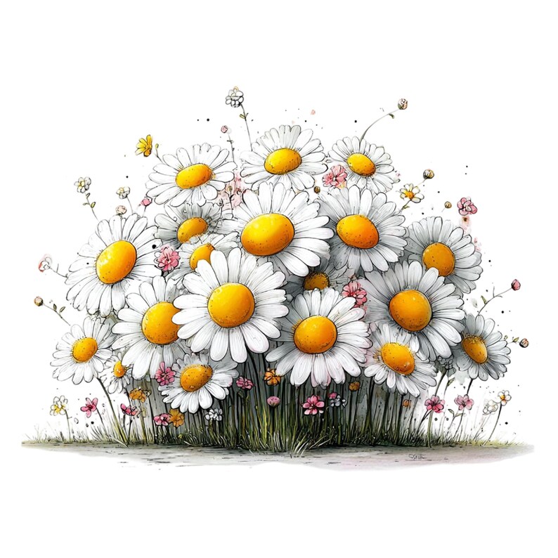 May include: A watercolour illustration of a collection of daisies. The flowers have white petals and yellow centres, with small pink flowers and green grass. The image is set against a white background.