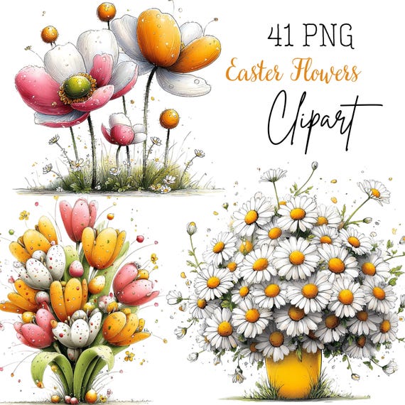 Whimsical Easter Flowers Clipart: Floral Graphics (Digital Download - 41 PNGs)