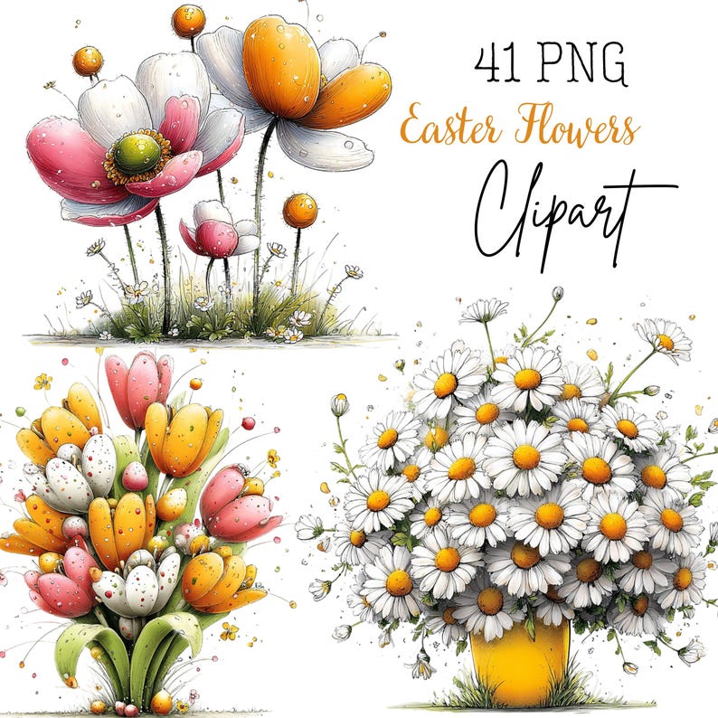 Whimsical Easter Flowers Clipart: Floral Graphics (Digital Download - 41 PNGs) image 1