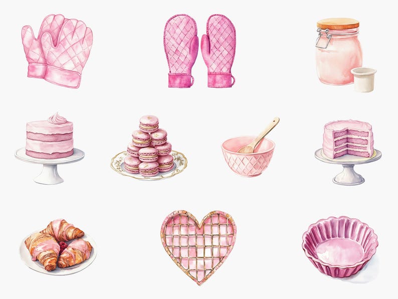 Watercolor Bakery Clipart: Pink Vintage Baking Illustrations (instant ...