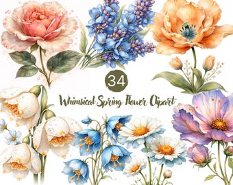 34 cliparts fantaisistes de fleurs printanières : graphiques floraux (téléchargement numérique)