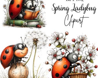 Puede incluir: Ilustraciones de clipart de mariquitas. Las mariquitas se muestran en diferentes escenas, como leyendo un libro, posadas en un diente de león y llevando una cesta de flores. Las mariquitas tienen caparazones rojos y negros y están rodeadas de flores y vegetación.