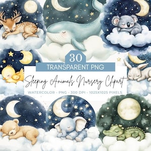 Sleeping Animals Nursery Clipart - Woodland Safari - Neutral Nursery - Baby Shower - Sleeping Animal Clipart Set - Digital Download