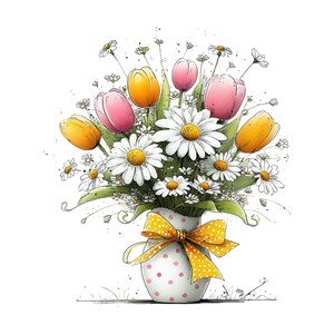 May include: A watercolour illustration of a floral arrangement in a white vase with pink polka dots. The bouquet features daisies, yellow and pink tulips, and a yellow polka-dot bow.
