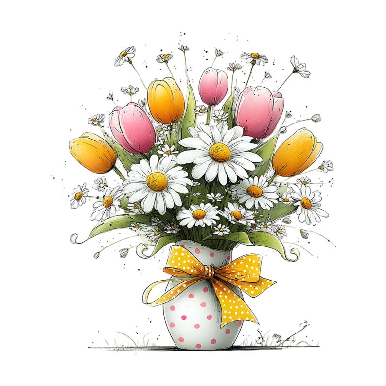May include: A watercolour illustration of a floral arrangement in a white vase with pink polka dots. The bouquet features daisies, yellow and pink tulips, and a yellow polka-dot bow.