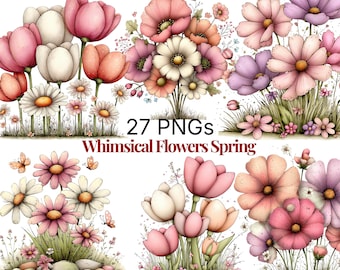 27 cliparts printaniers de fleurs fantaisistes : graphiques floraux (téléchargement numérique)