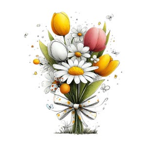 May include: A watercolour illustration of a flower bouquet featuring yellow tulips, white daisies, and a pink tulip. The bouquet is tied with a white ribbon with yellow polka dots. Green leaves and grass are also visible.