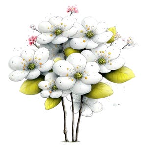 May include: A watercolour illustration of a bouquet of white flowers with yellow-green centres and accents. The bouquet includes green leaves and small pink buds. The stems are brown and the background is white.