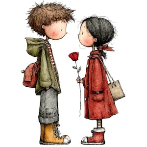 Peut inclure: Illustration de deux personnages de dessins animés, un garçon et une fille, se faisant face. La fille tient une rose rouge. Le garçon porte une veste verte, un sac à dos rouge et des bottes jaunes. La fille porte un manteau rouge et un sac fourre-tout. Fond blanc.