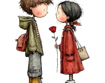 May include: Illustration of two cartoon figures, a boy and a girl, facing each other. The girl holds a red rose. The boy wears a green jacket, a red backpack, and yellow boots. The girl wears a red coat and carries a tote bag. The background is white.