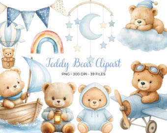 Clipart aquarel teddybeer: 35 blauwe png-bestanden voor baby's png-bestand (digitale download)