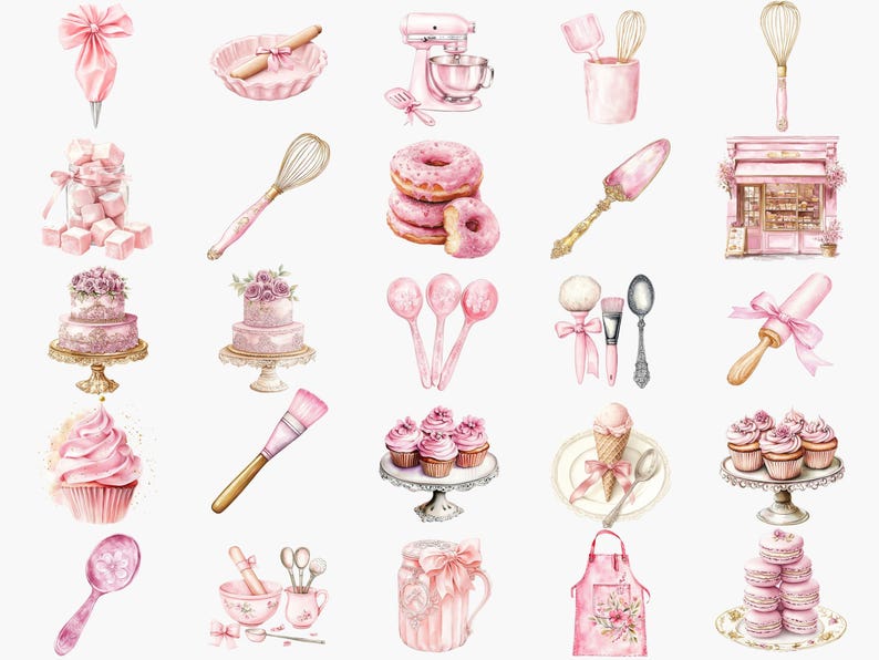 Watercolor Bakery Clipart: Pink Vintage Baking Illustrations (instant ...