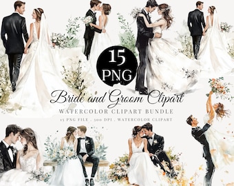 Clipart de pareja de novios en acuarela: Novia y novio PNG JPG (15 imágenes, licencia de uso comercial)