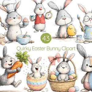 Puede incluir: Ilustración en acuarela de conejitos de Pascua extravagantes. Los conejitos se representan en diversas actividades, como hornear, pintar y sostener huevos de Pascua. La imagen incluye el texto "Quirky Easter Bunny Clipart" y el número "43" en un círculo verde.