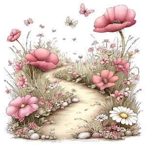以下が含まれることがあります： 水彩画のイラストで、気まぐれな庭の小道を描いています。 ピンクのポピーやその他の花が小道に沿って並び、蝶が上を舞っています。 このアートワークは、自然と花の要素に焦点を当てた、柔らかく夢のような品質を持っています。