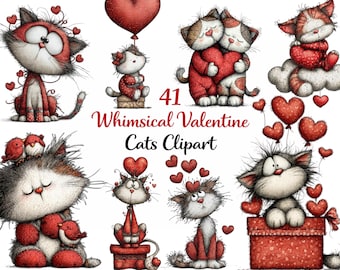 Whimsical Valentine's Day Cats Clipart: Love Graphics (Digital Download - 41 PNGs)