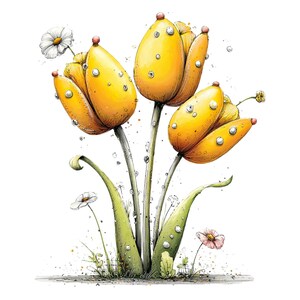 May include: A watercolour illustration of yellow tulips with water droplets. The flowers have red tips and are surrounded by green leaves and small white and pink flowers. The image has a whimsical, artistic style.
