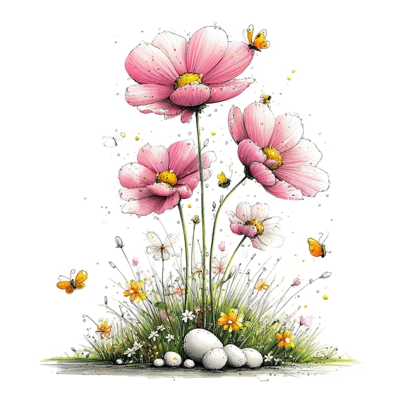 May include: A watercolour illustration featuring pink cosmos flowers with yellow centres, set amongst green grass, small yellow flowers, and butterflies. The artwork has a whimsical, hand-drawn style, with a white background.