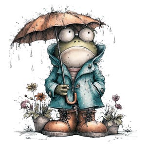 Puede incluir: Ilustración caprichosa de una rana con impermeable azul y botas naranjas, sosteniendo un paraguas naranja. La rana tiene ojos grandes y está bajo la lluvia, con flores en macetas a los lados.