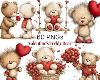 May include: A collection of watercolor teddy bear illustrations. The bears are in various poses, holding hearts, roses, and balloons. Text reads "60 PNGs Valentine's Teddy Bear."
