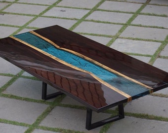 Handmade Live Edge Epoxy River Coffee Table, Walnut Wood, Modern Rustic Centerpiece