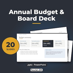 May include: A digital presentation template titled Annual Budget & Board Deck featuring 20 slides in .pptx PowerPoint format. The slide preview displays a Budget summary with sections for revenue, operating expense, and capital expenditure.