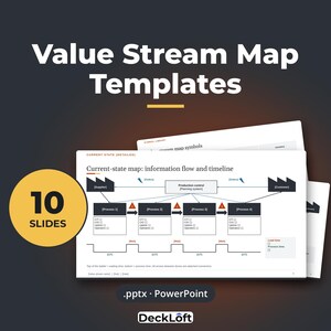 May include: A digital presentation template titled Value Stream Map Templates featuring 10 slides in PowerPoint format. The graphic displays a current-state map with information flow, process boxes, and timeline symbols on a white background.