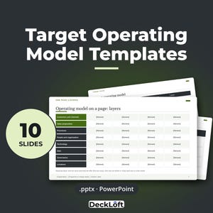 May include: A digital presentation template titled Target Operating Model Templates featuring 10 slides in .pptx PowerPoint format. The slides display a grid layout for operating models with rows for processes, technology, and data.