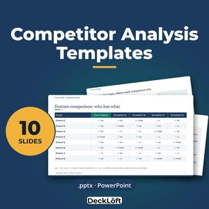 May include: A digital presentation template titled Competitor Analysis Templates featuring 10 slides in .pptx PowerPoint format. The slide displays a feature comparison table with checkmarks and text, branded by DeckLoft on a dark blue background.