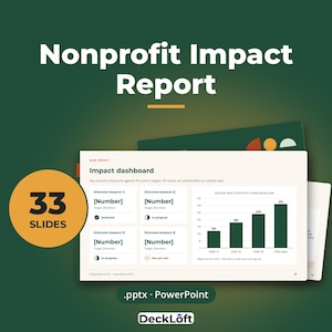 Può includere: Un modello di presentazione digitale intitolato Nonprofit Impact Report con 33 diapositive in formato PowerPoint. La diapositiva mostra una dashboard di impatto con quattro misure e un grafico a barre con dati su quattro anni.