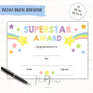 Superstar Children&#39;s Award, School Awards, Printable, INSTANT DOWNLOAD, Achievement Awards, Children&#39;s Certificate
