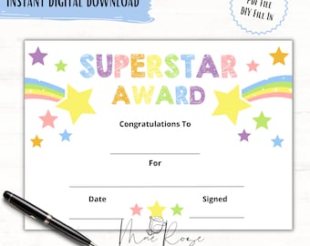 Superstar Children's Award, School Awards, Printable, INSTANT DOWNLOAD, Achievement Awards, Children's Certificate