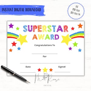 Superstar Children&#39;s Award, School Awards, Printable, INSTANT DOWNLOAD, Achievement Awards, Children&#39;s Certificate