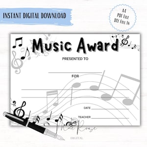 Music Children&#39;s Award, School Awards, Printable, INSTANT DOWNLOAD, Achievement Awards, Children&#39;s Certificate, Music Certificate