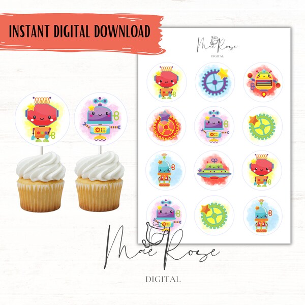 INSTANT DOWNLOAD, Robot Cupcake Toppers, Robot Party, Robot Birthday, DIY Cupcake Toppers