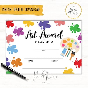 Art Children&#39;s Award, School Awards, Printable, INSTANT DOWNLOAD, Achievement Awards, Children&#39;s Certificate, Art Award