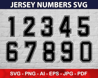 May include: Black and white jersey numbers 1 through 0, in a bold, blocky font style, against a white brick wall background.  The text "JERSEY NUMBERS SVG" is at the top of the image, and the text "SVG - PNG - AI - EPS - JPG - PDF" is at the bottom of the image.