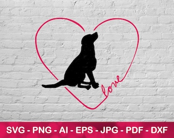 May include: Black silhouette of a dog inside a pink heart shape, with the word "love" written in cursive. The dog is sitting and looking upwards. The background is a white brick wall.