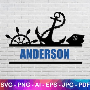 May include: Black silhouette of a ship's wheel, anchor, and captain's hat with the name "ANDERSON" in blue text.