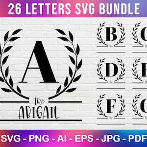 Laurel Wreath Alphabet Nombre personalizable Svg para Farmhouse, Monogram Wreath Svg, A to Z Alphabet Svg Bundle, Wreath Svg Bundle