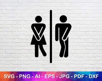 May include: Black and white silhouette of a male and female figure standing side-by-side, facing forward, with a vertical line separating them. The figures are stylized to represent a restroom sign.