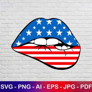 May include: Red, white, and blue lips with a design resembling the American flag. The lips are open and show teeth.