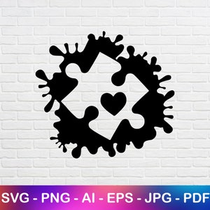 May include: Black and white silhouette of two puzzle pieces fitting together with a heart in the center. The puzzle pieces are surrounded by a black splatter design.