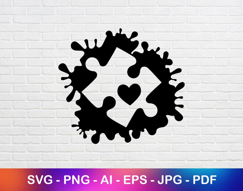 May include: Black and white silhouette of two puzzle pieces fitting together with a heart in the center. The puzzle pieces are surrounded by a black splatter design.