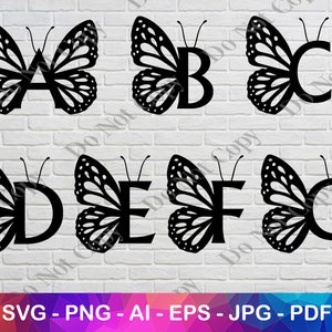 May include: Black and white silhouette of a butterfly with each letter of the alphabet A through G incorporated into the design.