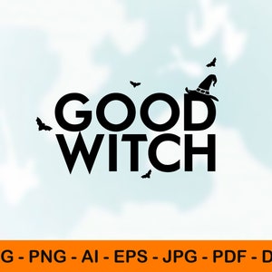 Puede incluir: Diseño gráfico en blanco y negro con el texto "GOOD WITCH" y un sombrero de bruja con una punta puntiaguda. Los murciélagos vuelan alrededor del texto.