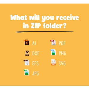 May include: A graphic showing the different file types included in a digital download: AI, PDF, DXF, EPS, SVG, and JPG.